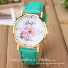 China wholesale vintage genuine leather strap unisex charm flower printed quartz luxury leather watch